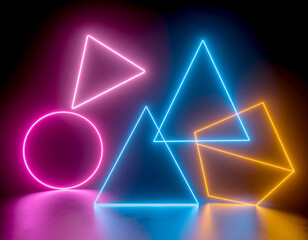 Vibrant neon geometric shapes in pink, blue, and orange glow on a reflective dark surface, creating a dynamic, futuristic, and abstract light art composition.