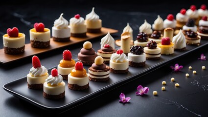 Assorted miniature desserts with berries and garnishes &mdash; AI generated