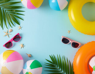 Vibrant summer flat lay with beach balls, pink sunglasses, palm leaves, starfish, seashells, and inflatable rings on a blue background, perfect for a holiday theme.
