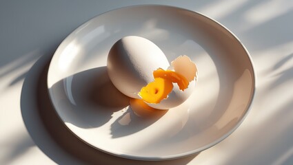 Cracked egg with vibrant yolk on white plate &mdash; AI generated