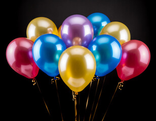 A vibrant cluster of shiny metallic balloons in gold, blue, red, and purple against a dark black background, tied with gold ribbons.