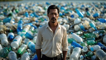 Man surrounded by plastic waste &mdash; symbol of environmental crisis &mdash; AI generated