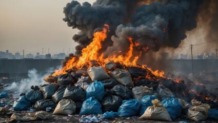Garbage bags on fire with thick smoke &mdash; AI generated
