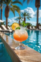 Tropical cocktail by the pool with palm trees &mdash; AI generated