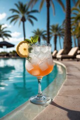 Tropical cocktail by the pool with palm trees &mdash; AI generated