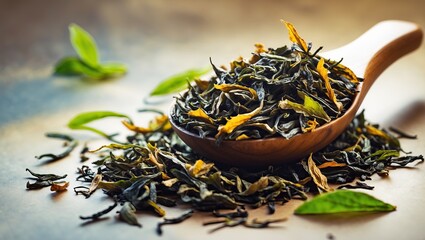 Loose leaf tea in wooden spoon with steam &mdash; AI generated