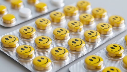 Smiley face pills in blister packs &mdash; AI generated