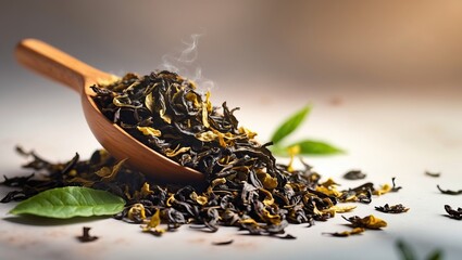 Loose leaf tea in wooden spoon with steam &mdash; AI generated