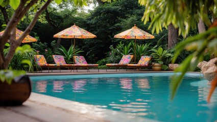 Tropical poolside lounge with colorful chairs &mdash; AI generated