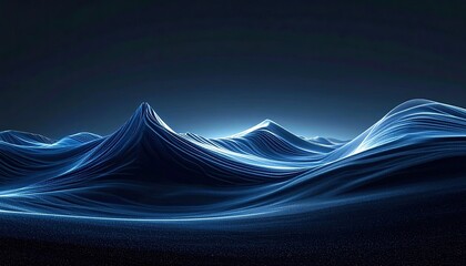 A dark blue abstract graphic that mimics undulating waves in a tranquil, ethereal landscape