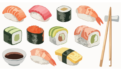 Sushi set watercolor illustration with nigiri, maki, rolls, roe, and chopsticks for Japanese cuisine © MDFiroj