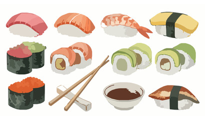 Hand-drawn watercolor sushi collection with nigiri, maki, rolls, roe, and chopsticks for restaurant menus © MDFiroj