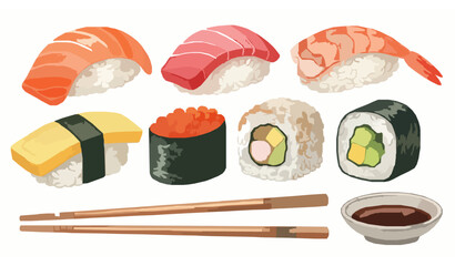 Watercolor sushi illustration set with nigiri, maki, rolls, roe, and chopsticks for Asian cuisine designs © MDFiroj
