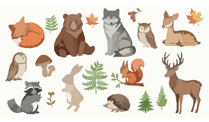 Fototapeta premium Forest animals and plants watercolor set with foxes, bears, wolves, rabbits, deer, and woodland flora