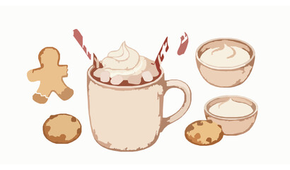 Watercolor warm drink illustration set with hot cocoa, marshmallows, candy cane, and cookies