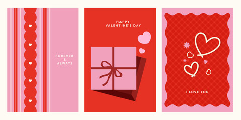 Cute Valentine&rsquo;s Day card set in red and pink featuring hearts, gift box, romantic messages, and playful patterns. Sweet and modern card design.