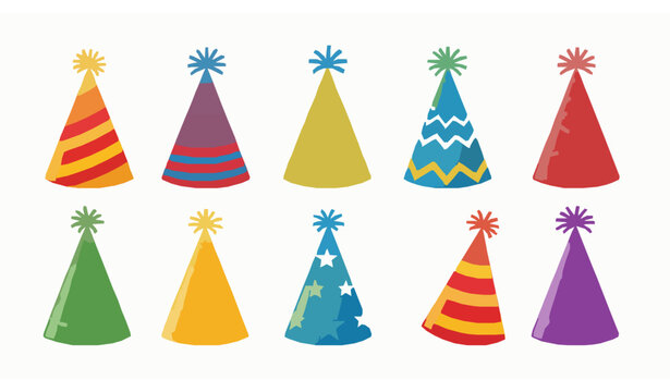Colorful cartoon birthday party hat vector set with fun cone caps for anniversary and celebration
