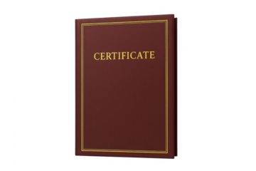 Certificate document with gold lettering on maroon cover