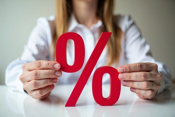Woman Holding a Striking Red Zero Percentage Icon, Ensuring a Clear Contrast on a Immaculate White Desk