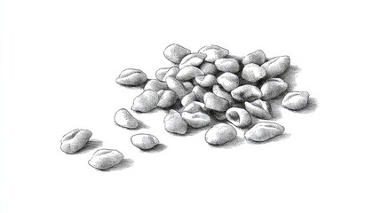A detailed line drawing showcases an artistically arranged cluster of small seeds, capturing their unique shapes and textures. The monochrome style highlights their natural beauty