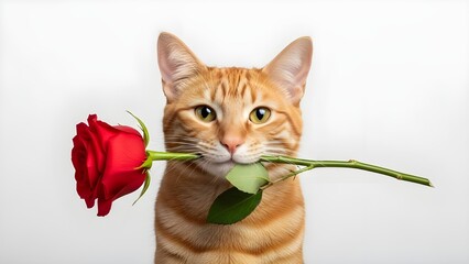 Funny Ginger Tabby Cat Holding a Long Stem Red Rose in Its Mouth, Valentine's Day