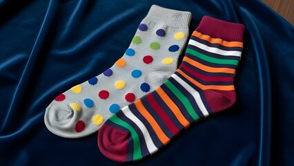 Pair of Colorful Patterned Socks with Polka Dots and Stripes
