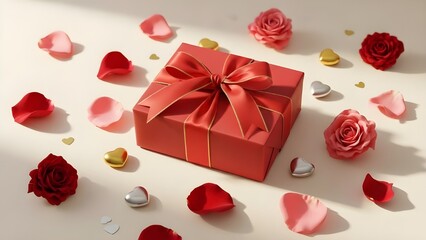 Luxury Red Gift Box Surrounded by Roses and Gold Heart Ornaments, Valentine's Day