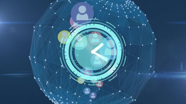 Animation of clock moving over icons , connections and globe on navy background