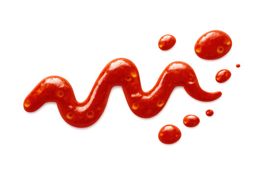 Ketchup sauce forming a wavy line with splashes and individual drops. A common red condiment for snacks and meals, on transparent background