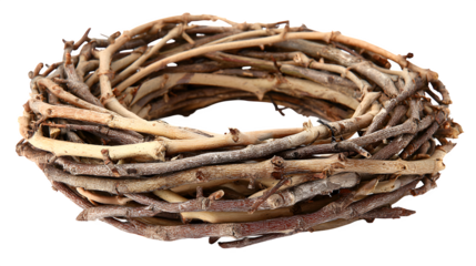 An old rusty fishing chain and weathered rope tangle across dry brown wood and forest roots, creating a textured nature pattern isolated on a white background