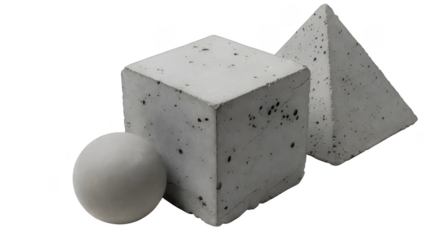 png format. Geometric shapes made of textured concrete, including a cube, sphere, and pyramid, arranged artistically on a white background, showcasing modern design elements and minimalism
