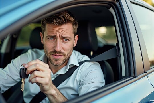 Man locked inside car, keys tauntingly just out of reach on driver's seat, puzzled expression on face