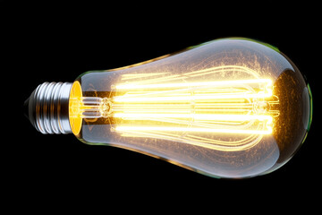 Vintage light bulb with glowing warm yellow filament on black background