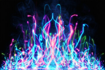Chaotic neon light lines looking like electric sparks on black background