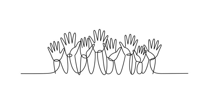 Continuous line drawing of a group of hands raised in a collective gesture Vector, illustration