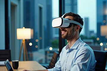 Businessman in office with city skyline reflected in window, using virtual reality headset for video conference.