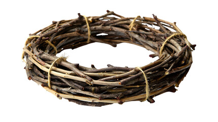 An isolated brown wicker nest holds a decorative golden egg object, creating a round natural wooden concept with woven wire and rope