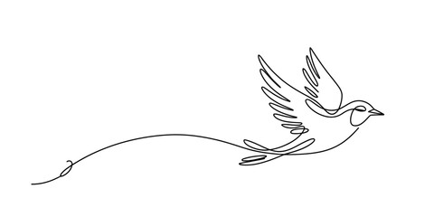 A continuous line art drawing of a small bird in flight on a white background Vector, illustration © Nikhil Ray