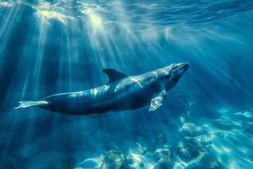 Obraz premium Majestic humpback whale glides through the ocean depths, illuminated by beams of sunlight