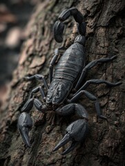 Stunning Black Scorpion on Tree Bark - A Close-Up View of Nature's Intriguing Creatures