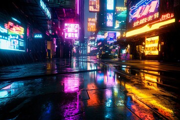 Obraz premium Vibrant neon lights illuminate a bustling cyberpunk city street at night