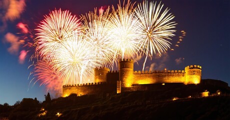 Castle illuminated by vibrant fireworks display. Night scene evokes celebration, history, beauty. Dramatic sky complements structure.