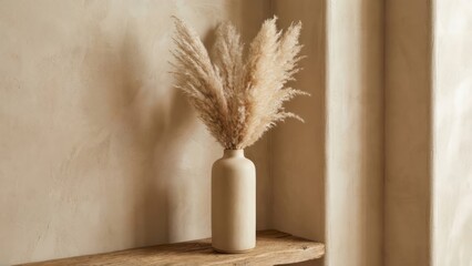 Naklejka premium Minimalist Ceramic Vase With Dried Pampas Grass Against Beige Textured Wall Aesthetic