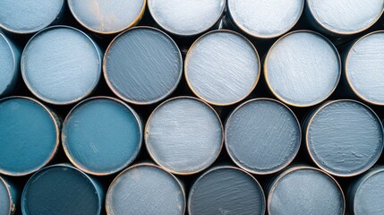 A Close-Up View of Stacked Blue and Gray Cylindrical Containers Showcasing Texture and Color Variations in an Industrial Setting