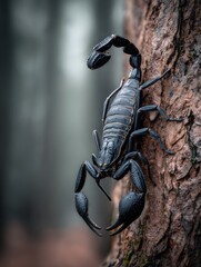Majestic Black Scorpion Climbing a Tree Trunk in a Mysterious Forest Setting