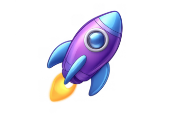 Cartoon rocket with blue fins and purple body launching, showing flames from the engine. Transparent background
