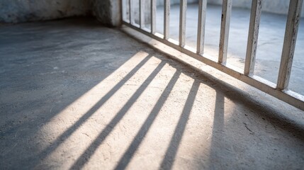 Intriguing Shadows: Sunlight Filtering Through Metal Bars onto a Concrete Floor, Creating a Striking Pattern of Light and Dark Contrast in an Enclosed Space