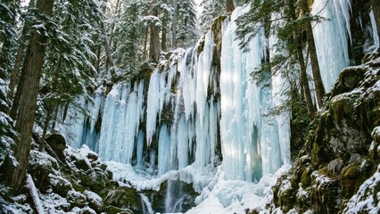 Majestic Frozen Waterfall With Crystal Clear Ice Pillars In Deep Forest Nature
