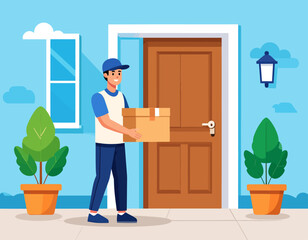 A smiling courier in a uniform stands at a residential front door, holding a package for delivery. The scene represents efficient shipping services, e-commerce convenience, and reliable doorstep.