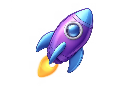 Cartoon rocket with blue fins and purple body launching, showing flames from the engine. Transparent background - Powered by Adobe